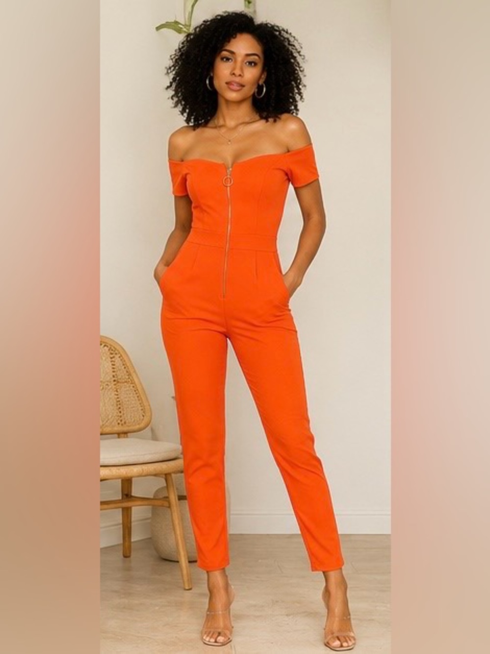 Orange Off Shoulder Jumpsuit Front Zip Fitted Small